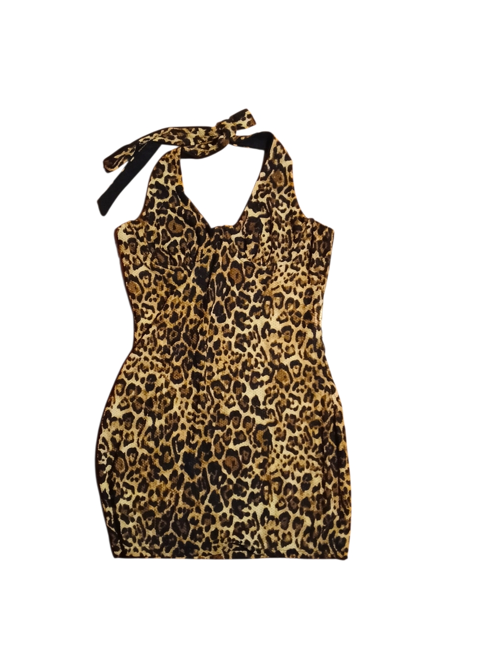 Leopard Print Halter Bodycon Dress L - Brown/Black